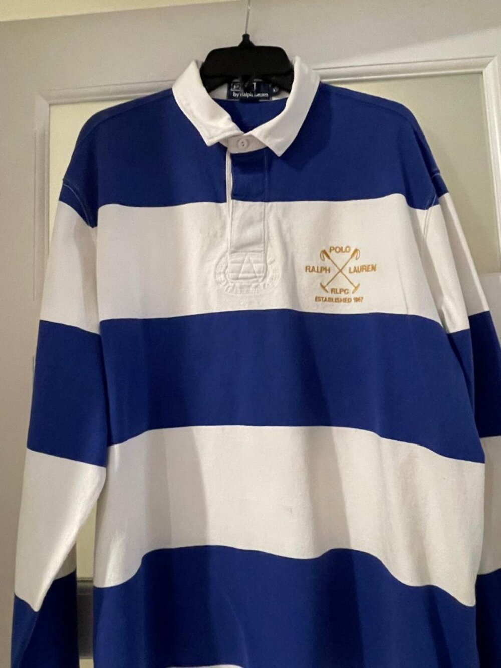 Polo Ralph Lauren Rugby Shirt Mens Blue and White Striped long Sleeve Polo